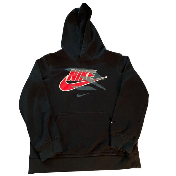 Nike Youth Hoodie Black Red Swoosh Logo Pullover Sweatshirt Size M 5-6Y - Picture 1 of 4